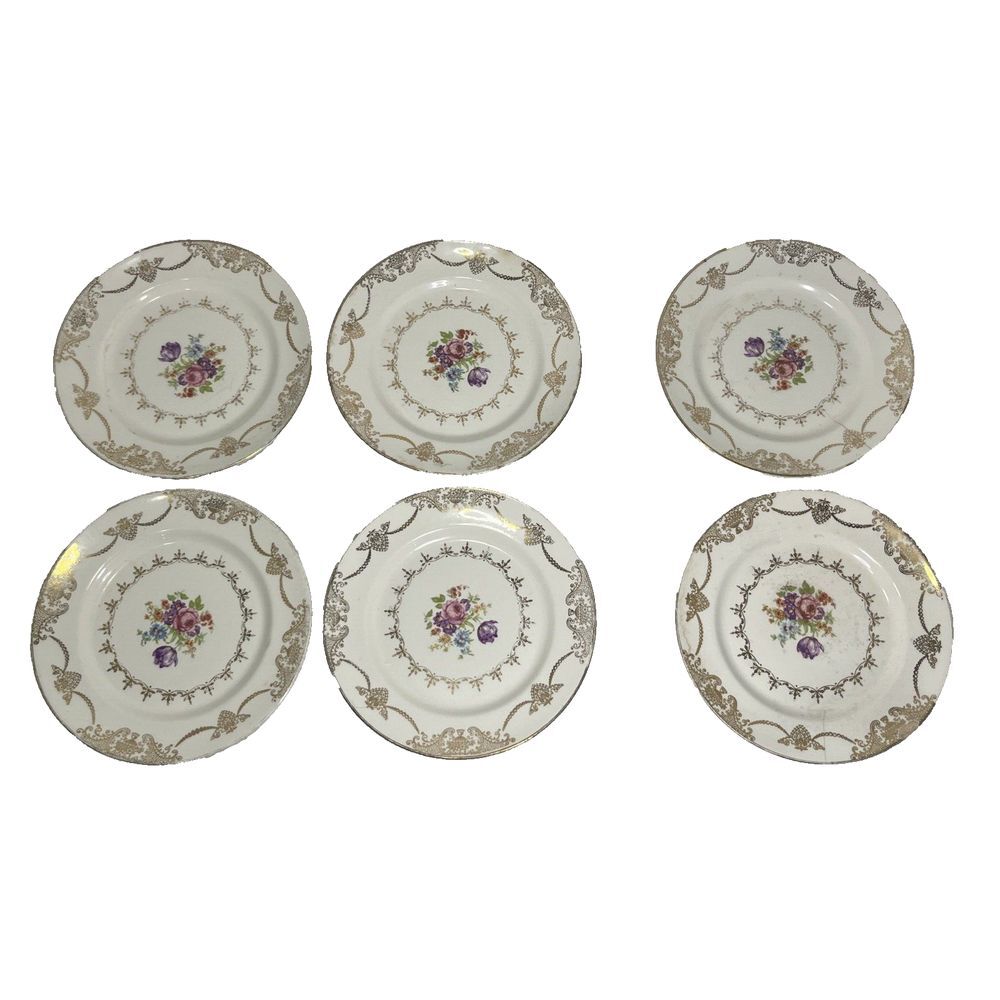 (6) Stetson Golden Beauty 22 kt Gold and Floral Dessert Plate Set China Vintage
